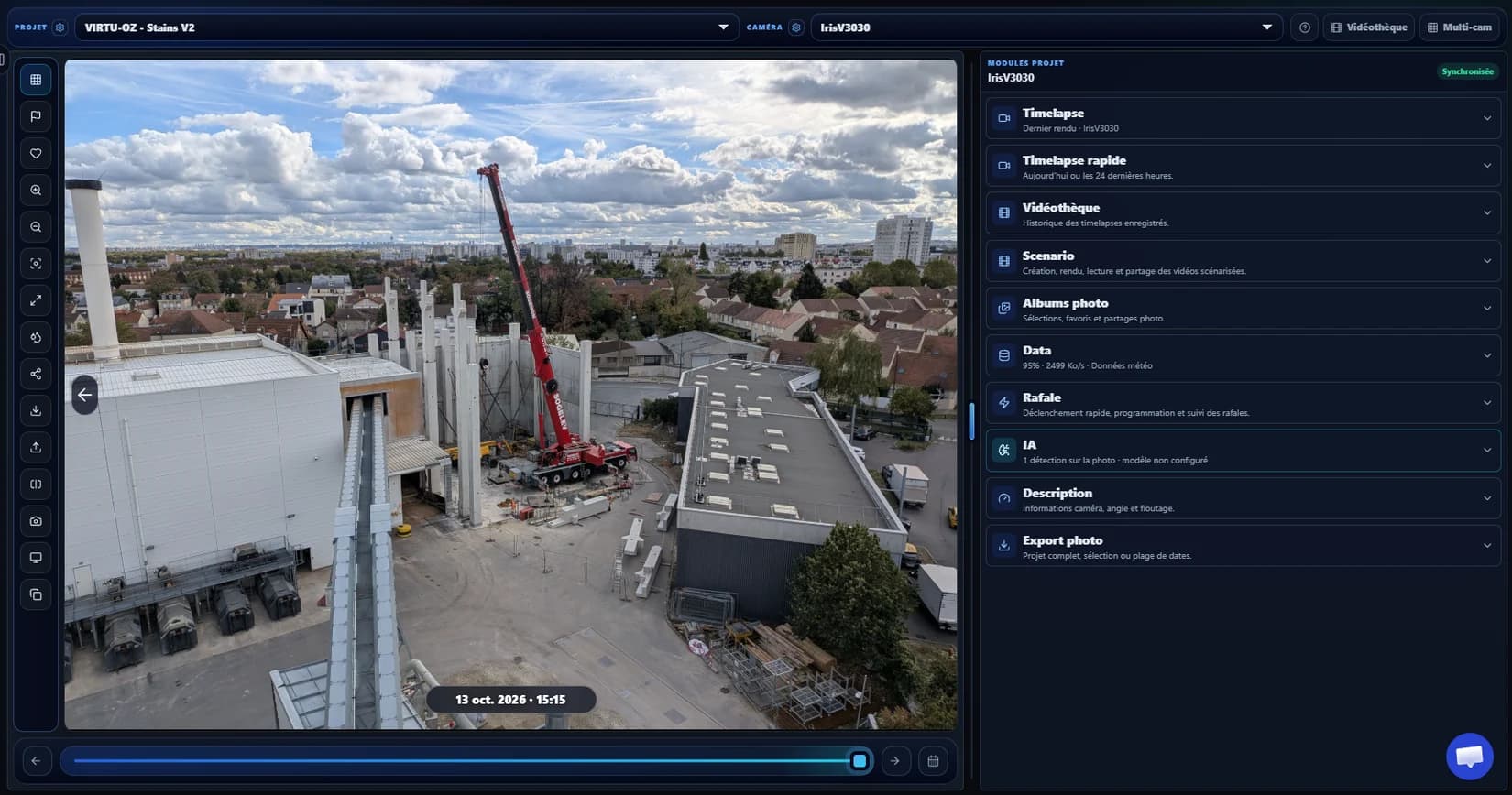 Capture de la plateforme TEYE affichant une galerie photo de chantier et ses modules timelapse et export