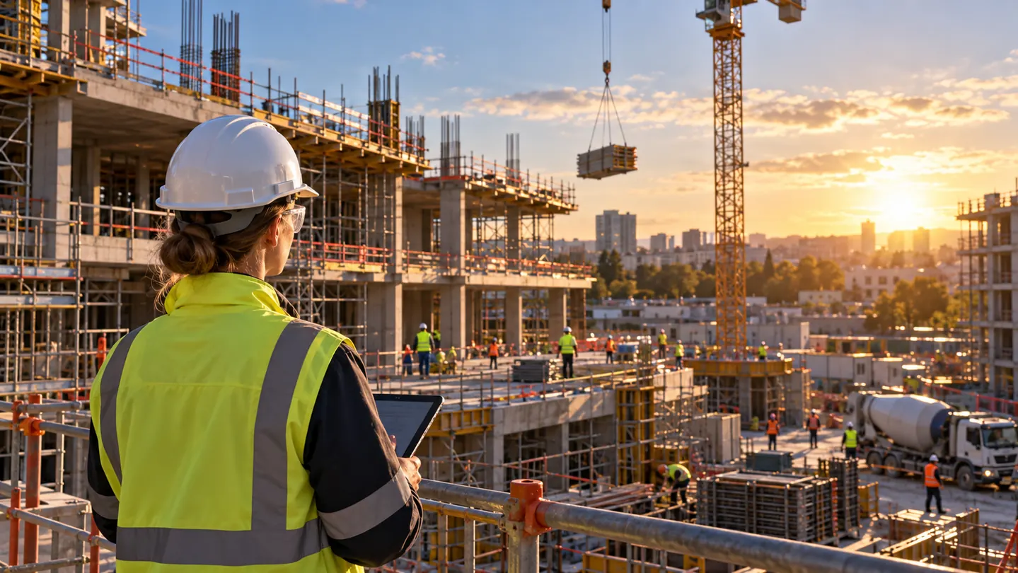 Illustration d'une responsable prévention HSE supervisant un chantier