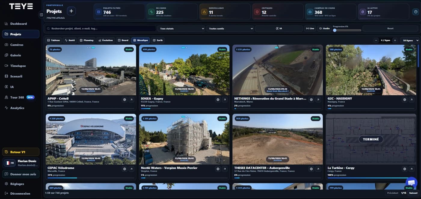 Vue portefeuille projets de la plateforme TEYE