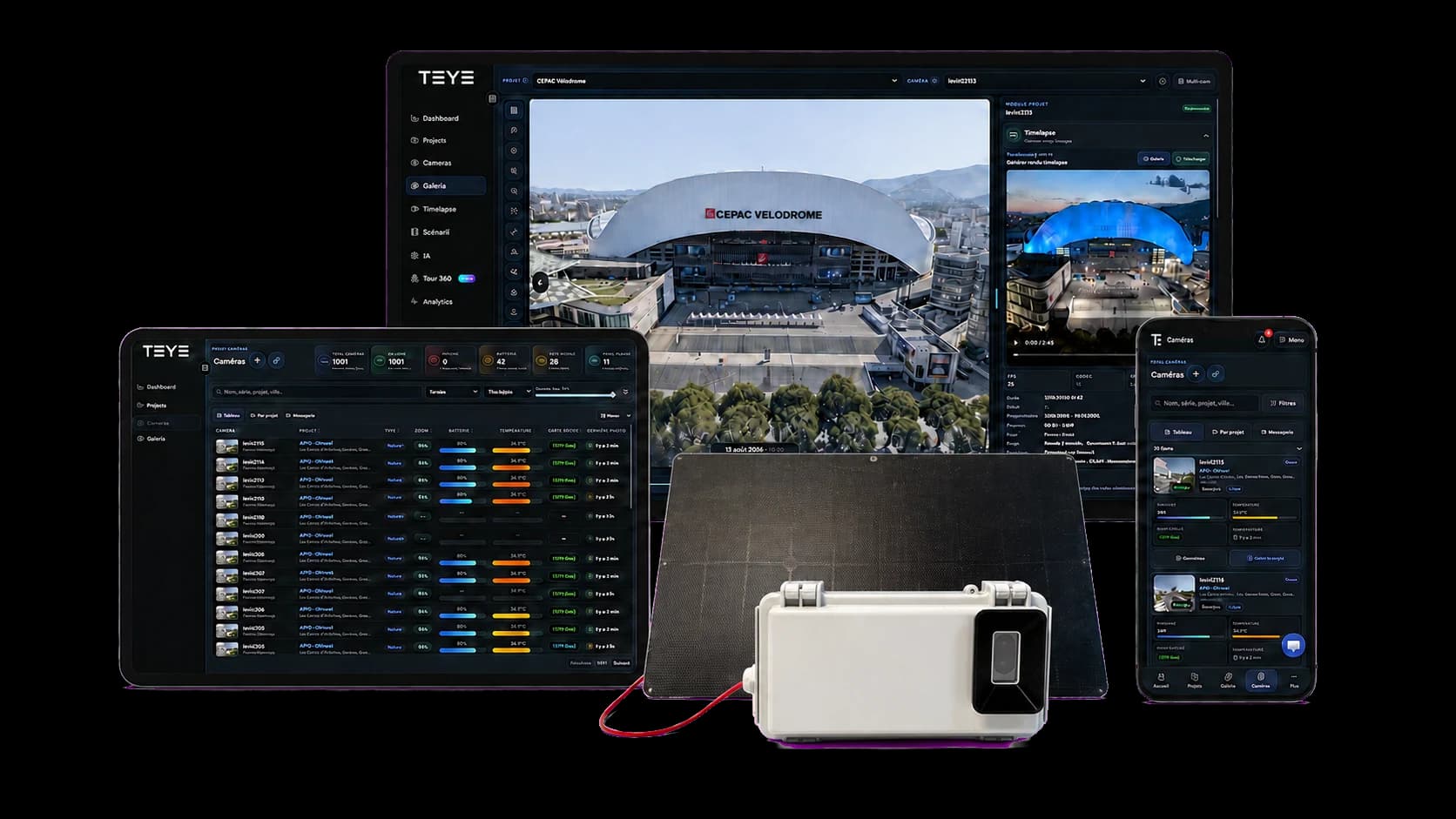 Solution ERIGE complète avec boîtier timelapse autonome et plateforme TEYE sur ordinateur, tablette et mobile